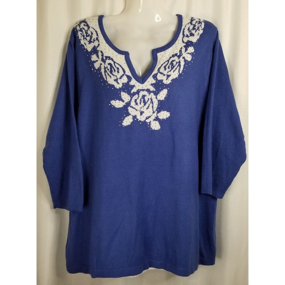 Women' Sweater Top Cathy Daniels Studded Embellished V-Neck Blue 3/4 Size 2X